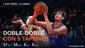 Aday Mara ataca el aro ante los Hawks con el dorsal 15 de los Thunder