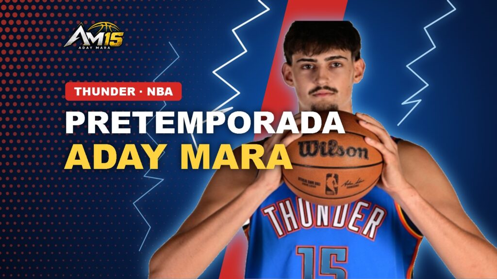 Aday Mara con el balón y la camiseta de Oklahoma City Thunder en la pretemporada