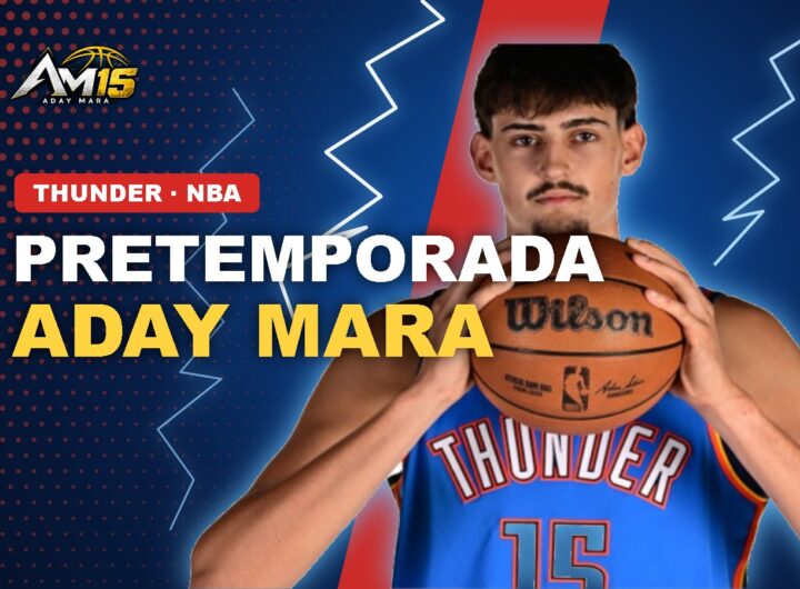 Aday Mara con el balón y la camiseta de Oklahoma City Thunder en la pretemporada